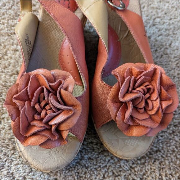 Born Concepts Pink Orange Leather Flower Slingback Peep Toe Cork Wedges - Picture 7 of 9